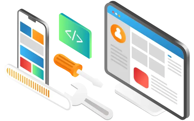 Illustration showing mobile-first and general website design and maintenance from MERAK Systems