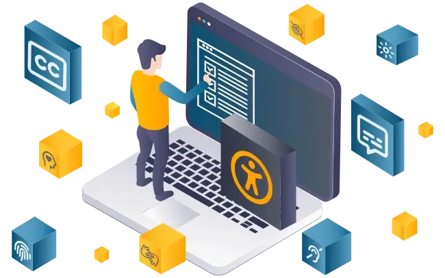 Illustration showing a person interacting with a laptop amid various accessibility boxes representing low vision, deafness, cognitive and sensory disabilities and their supportive technologies