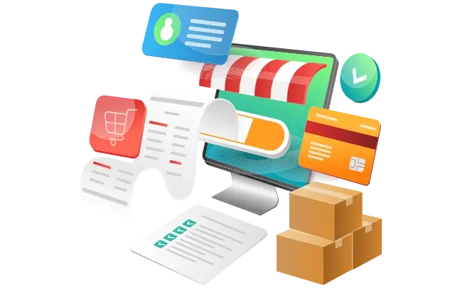 Illustrated concept of the various components and functions of a MERAK Systems e-store solution