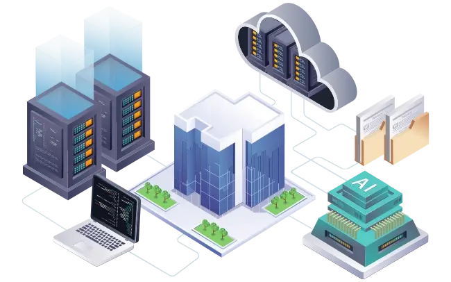 Illustration showing business modernization with servers, cloud computing, AI and OG paper files around a corporate building.