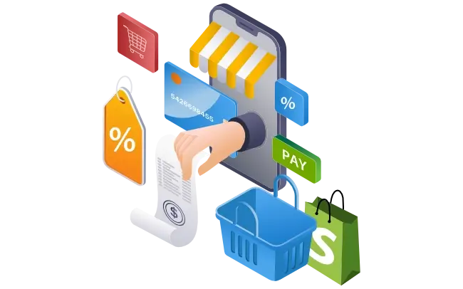 Illustrative collage showing e-store and shopify concept
