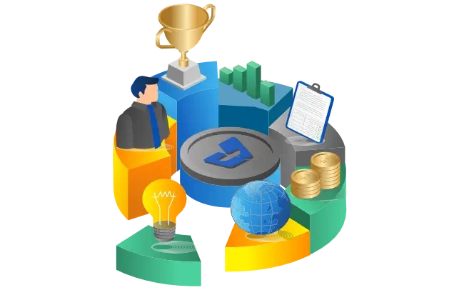 Concept illustration of Dynamics 365 Microsoft with ERP and CRM in a circle