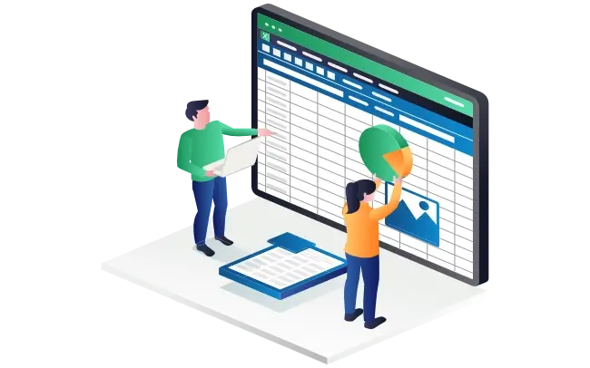 Illustration of a team working on Excel data and charting
