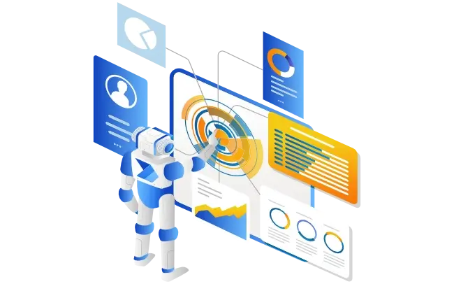 Illustrated concept of Microsoft Power Automate (Flow) showing a robot representing workflow automation working with a series of screens