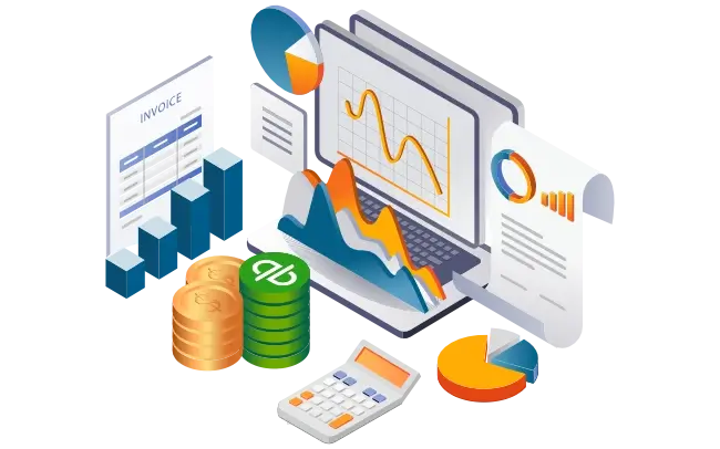 Quickbooks illustrative concept showing charts, computers, money and calculators